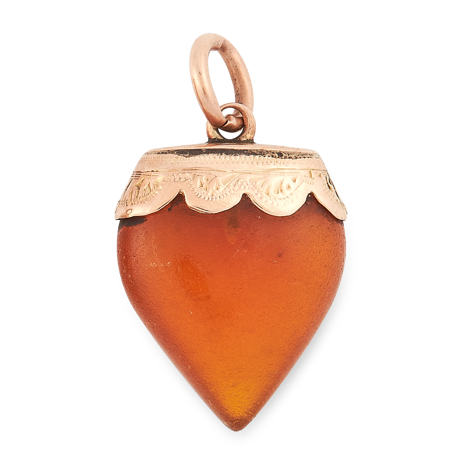 AN ANTIQUE AMBER HEART PENDANT in yellow gold, carved to depict a heart, with engraved mounting,