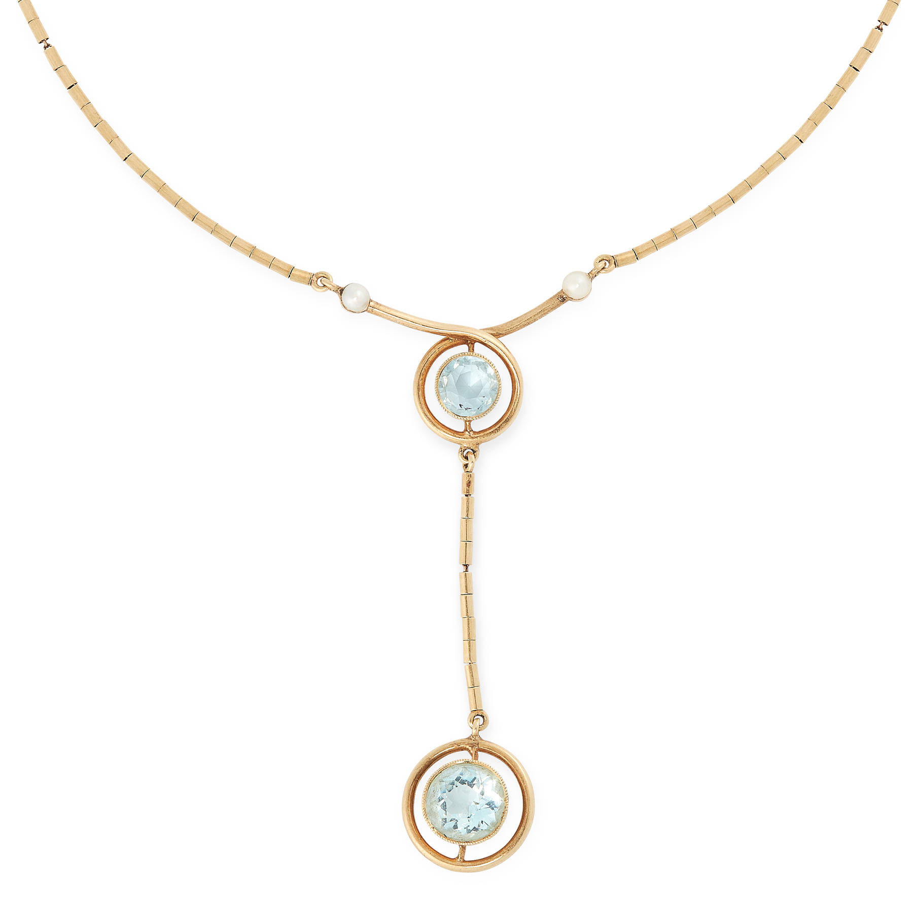 AN ANTIQUE AQUAMARINE AND PEARL PENDANT NECKLACE in 15ct yellow gold, set with two graduated round