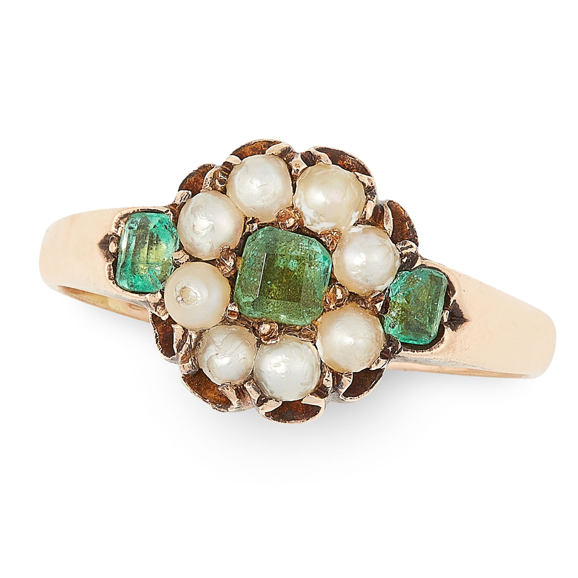 AN ANTIQUE EMERALD AND PEARL RING set with a trio of step cut emeralds accented by a border of