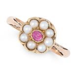 AN ANTIQUE VICTORIAN RUBY AND PEARL CLUSTER RING, 19TH CENTURY in 18ct yellow gold, set with an oval