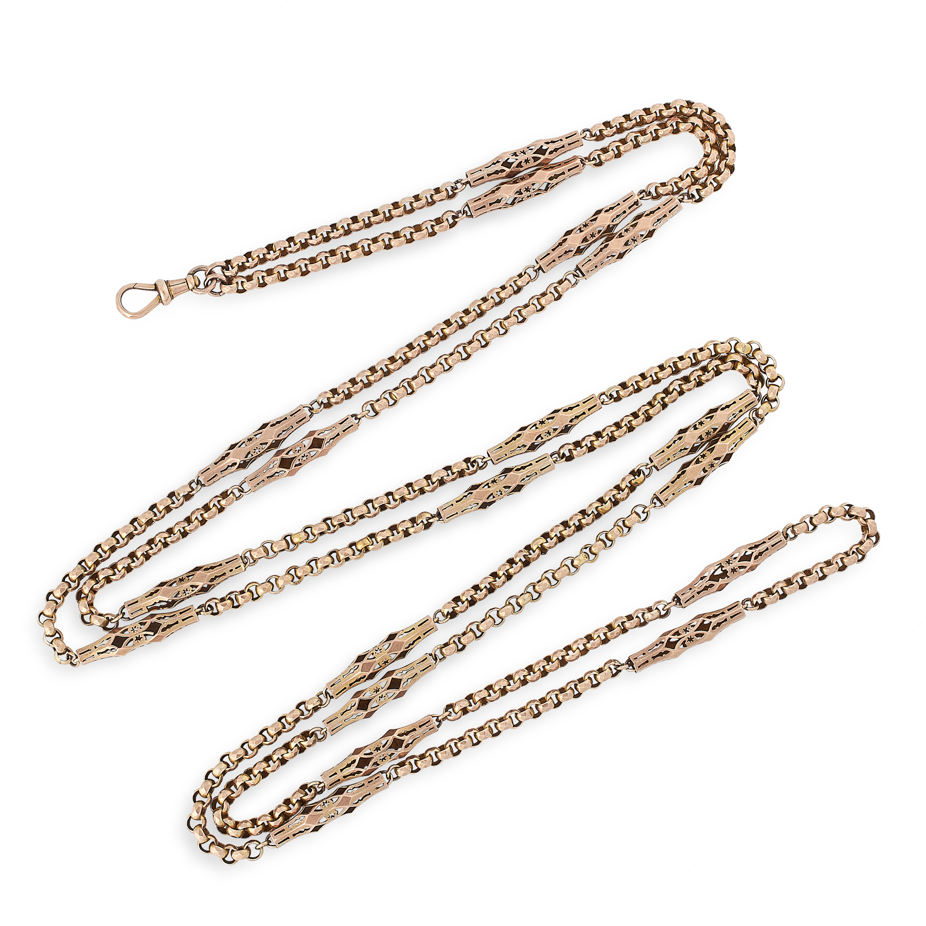 AN ANTIQUE FANCY LINK GUARD CHAIN NECKLACE in yellow gold, unmarked, 153.0cm, 50.3g. All profits