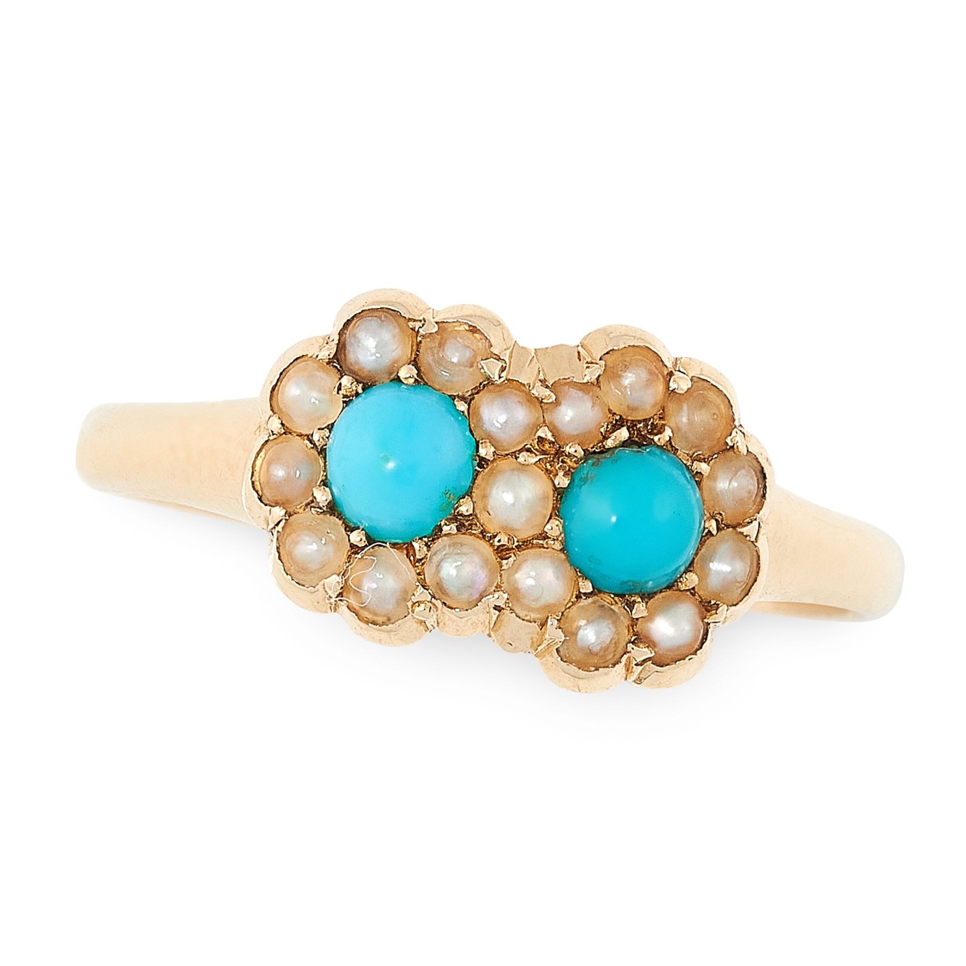 AN ANTIQUE VICTORIAN TURQUOISE AND PEARL DRESS RING in 18ct yellow gold set with two clusters of