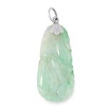 A CHINESE CARVED JADEITE JADE PENDANT of tapering form, carved to depict foliate motifs, unmarked,