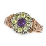 AN ANTIQUE AMETHYST AND PERIDOT SUFFRAGETTE RING in yellow gold and silver, set with a round cut