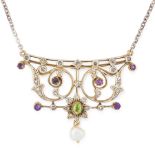 AN ANTIQUE PERIDOT, AMETHYST, DIAMOND AND PEARL SUFFRAGETTE PENDANT NECKLACE in silver and gold, the