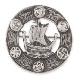 A VINTAGE SCOTTISH SAILING SHIP BROOCH, 1953 in sterling silver, of circular form, depicting a