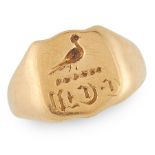 AN ANTIQUE INTAGLIO SIGNET RING in 18ct yellow gold, the shield shaped face with engraved initials