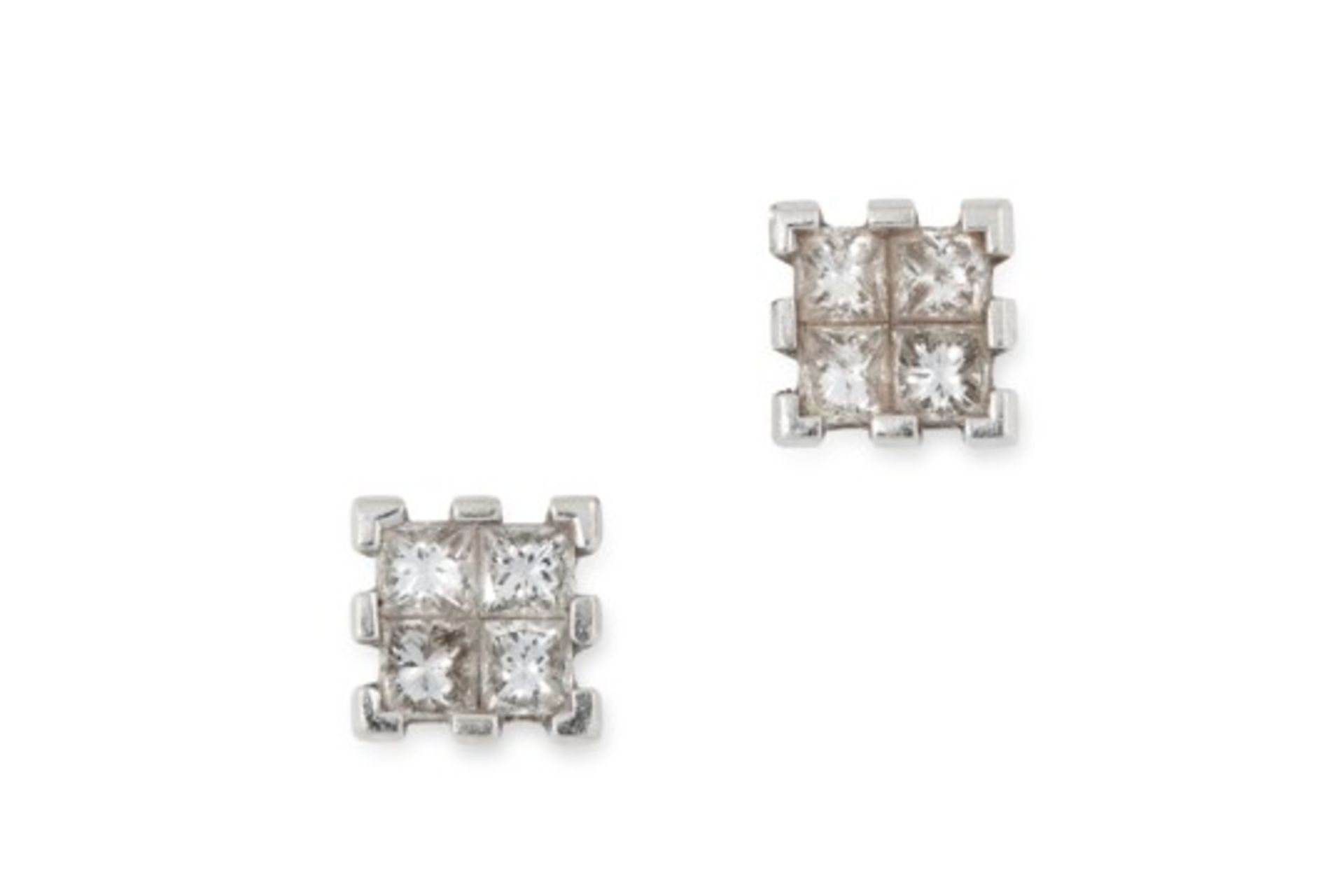 A PAIR OF DIAMOND CLUSTER STUD EARRINGS each set with a cluster of four princess cut diamonds