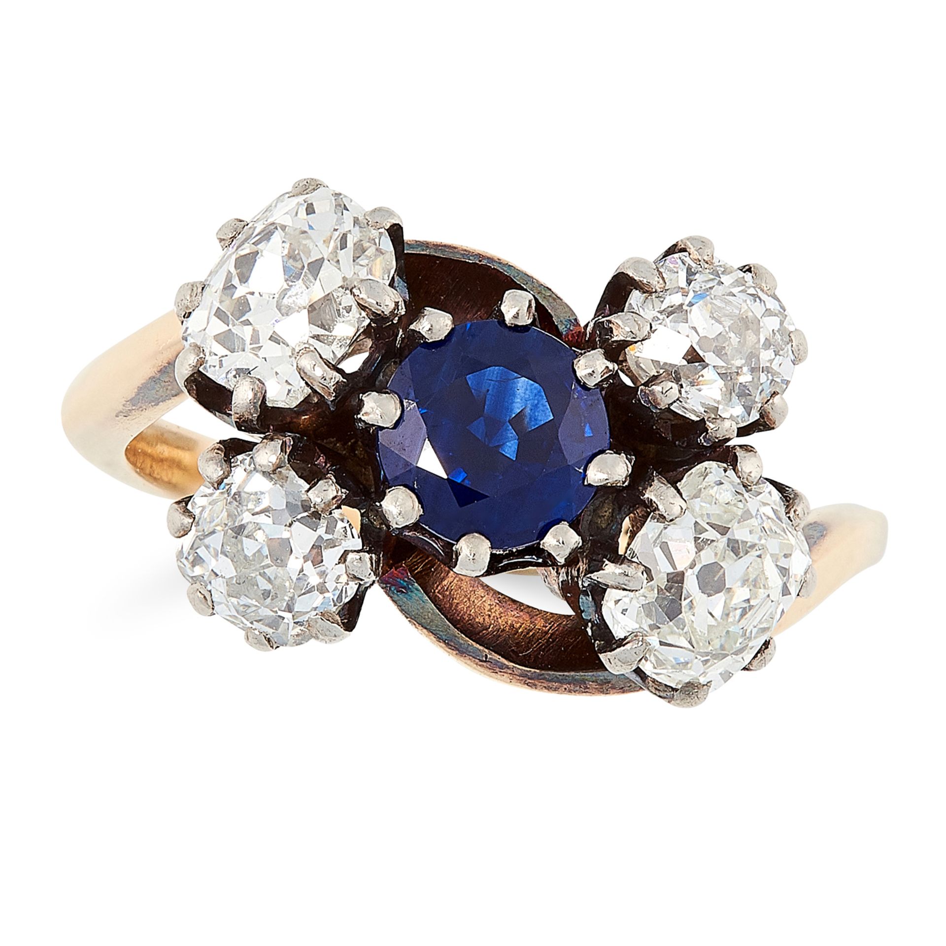 ANTIQUE SAPPHIRE AND DIAMOND RING in 18ct yellow gold, set with a round cut sapphire in a border