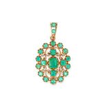 AN ANTIQUE EMERALD PENDANT in open scrolling design set with emerald and square cut emerald