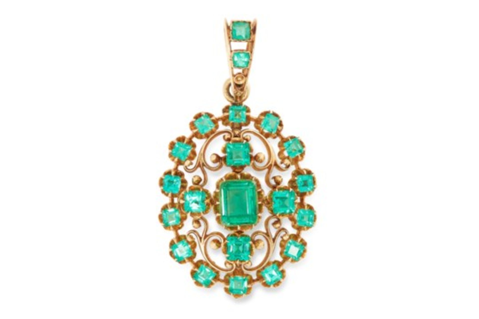 AN ANTIQUE EMERALD PENDANT in open scrolling design set with emerald and square cut emerald