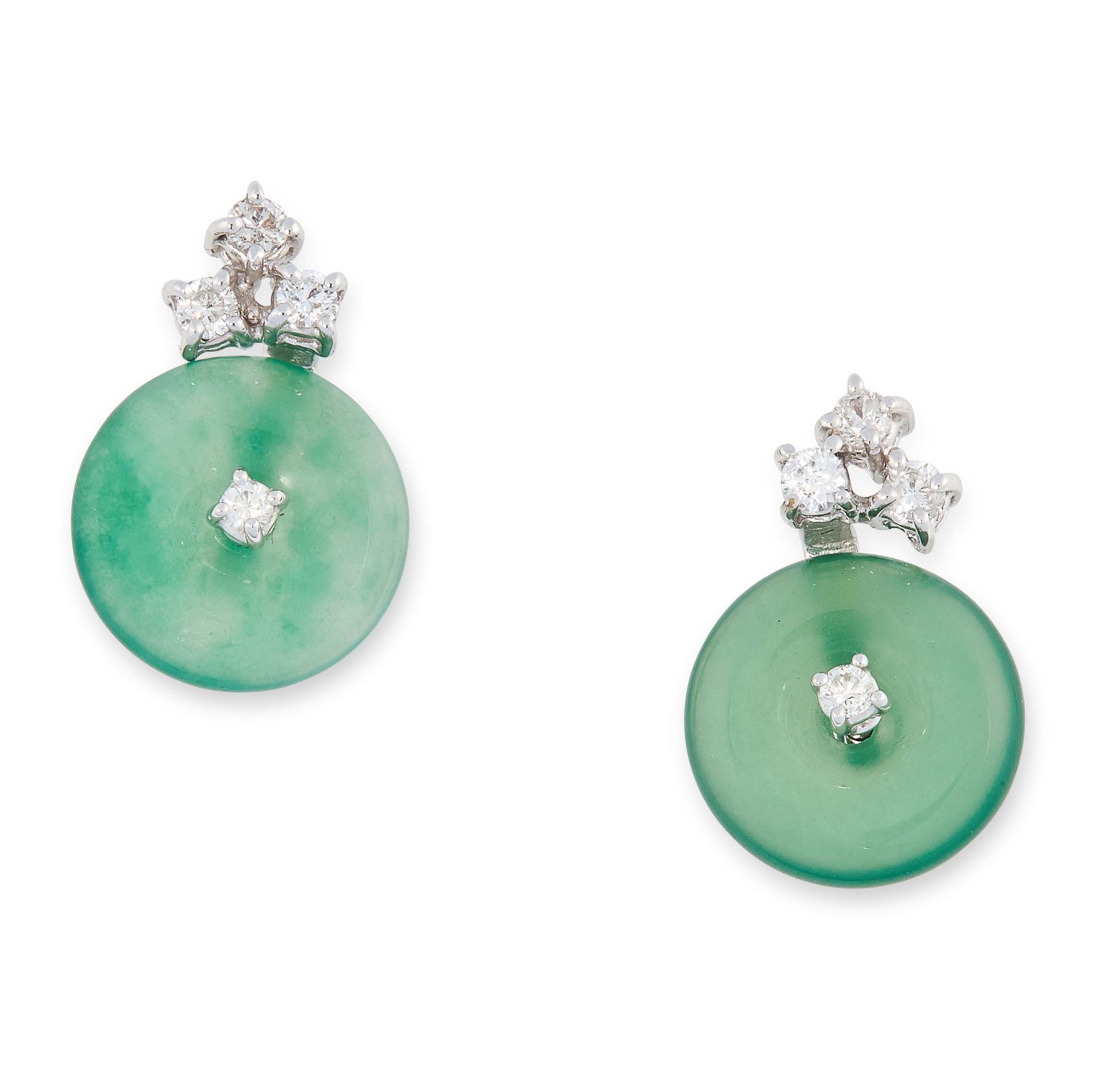 A PAIR OF CARVED JADEITE JADE AND DIAMOND EARRINGS set with round carved jadeite jade discs and