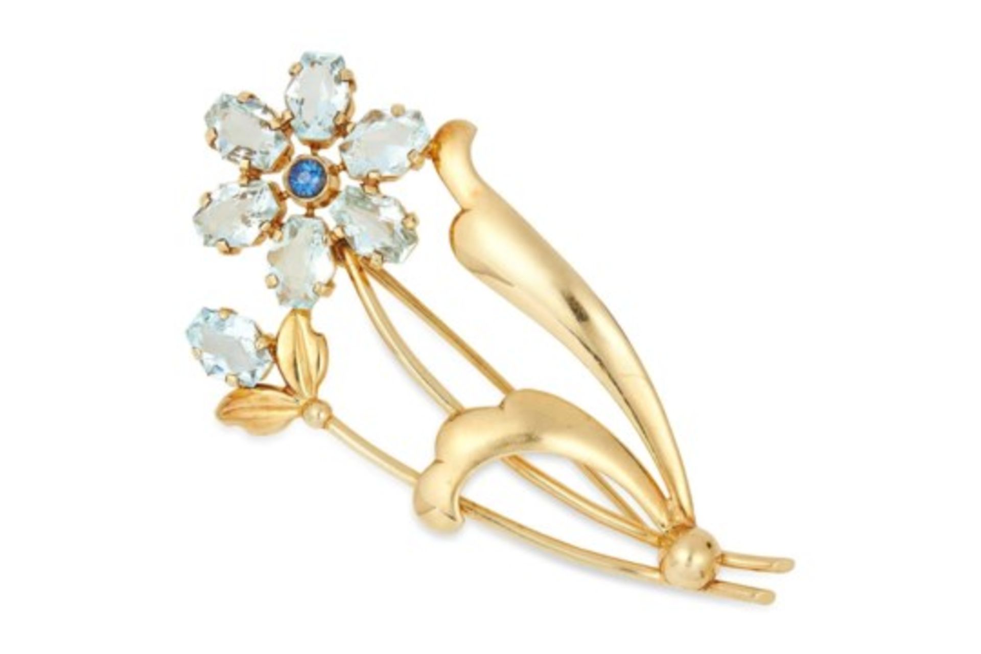 AN AQUAMARINE AND SAPPHIRE FLOWER BROOCH set with fancy 11cut aquamarines and a round cut