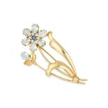 AN AQUAMARINE AND SAPPHIRE FLOWER BROOCH set with fancy 11cut aquamarines and a round cut