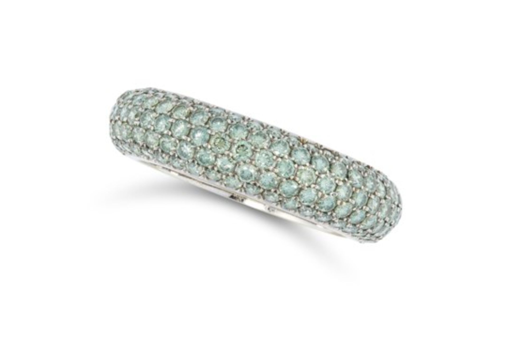 A GREEN DIAMOND RING comprising of a pave set band, set with green round brilliant cut diamonds,