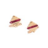 A PAIR OF RUBY CUFFLINKS, PAUL FLATO in 14ct yellow gold, in fluted square design, set with a