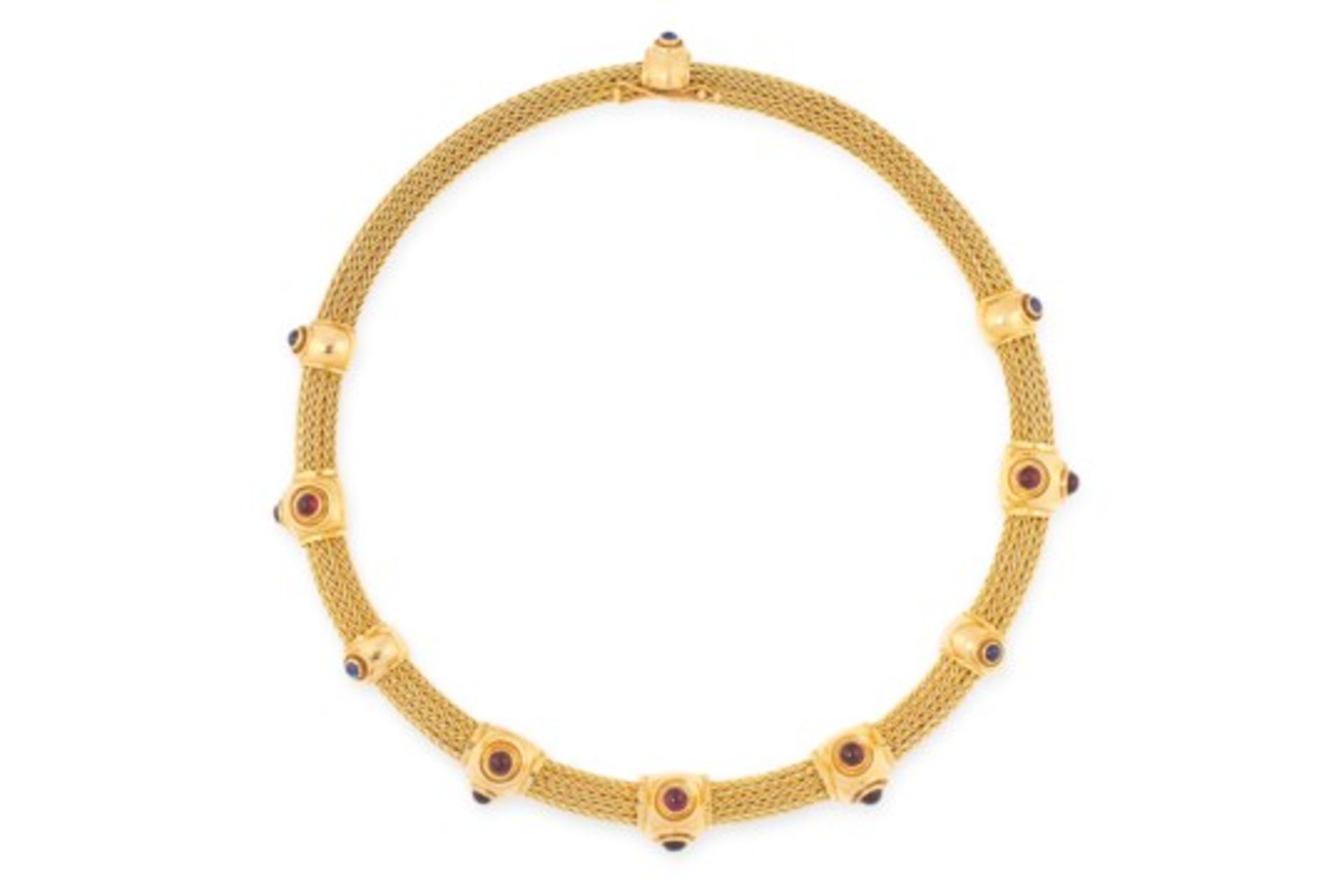 A GEMSET TORQUE NECKLACE, ILIAS LALAOUNIS in 18ct yellow gold, comprising of an interwoven pipe