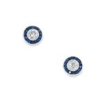 A PAIR OF DIAMOND AND SAPPHIRE TARGET EARRINGS each set with a round cut diamond within a border