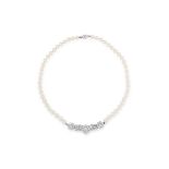 A PEARL AND DIAMOND NECKLACE comprising a single row of twenty-four pearls of 6.0mm, suspending a