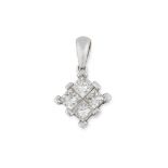 A DIAMOND CLUSTER PENDANT set with a cluster of four princess cut diamonds totalling 0.8-1.0 carats,