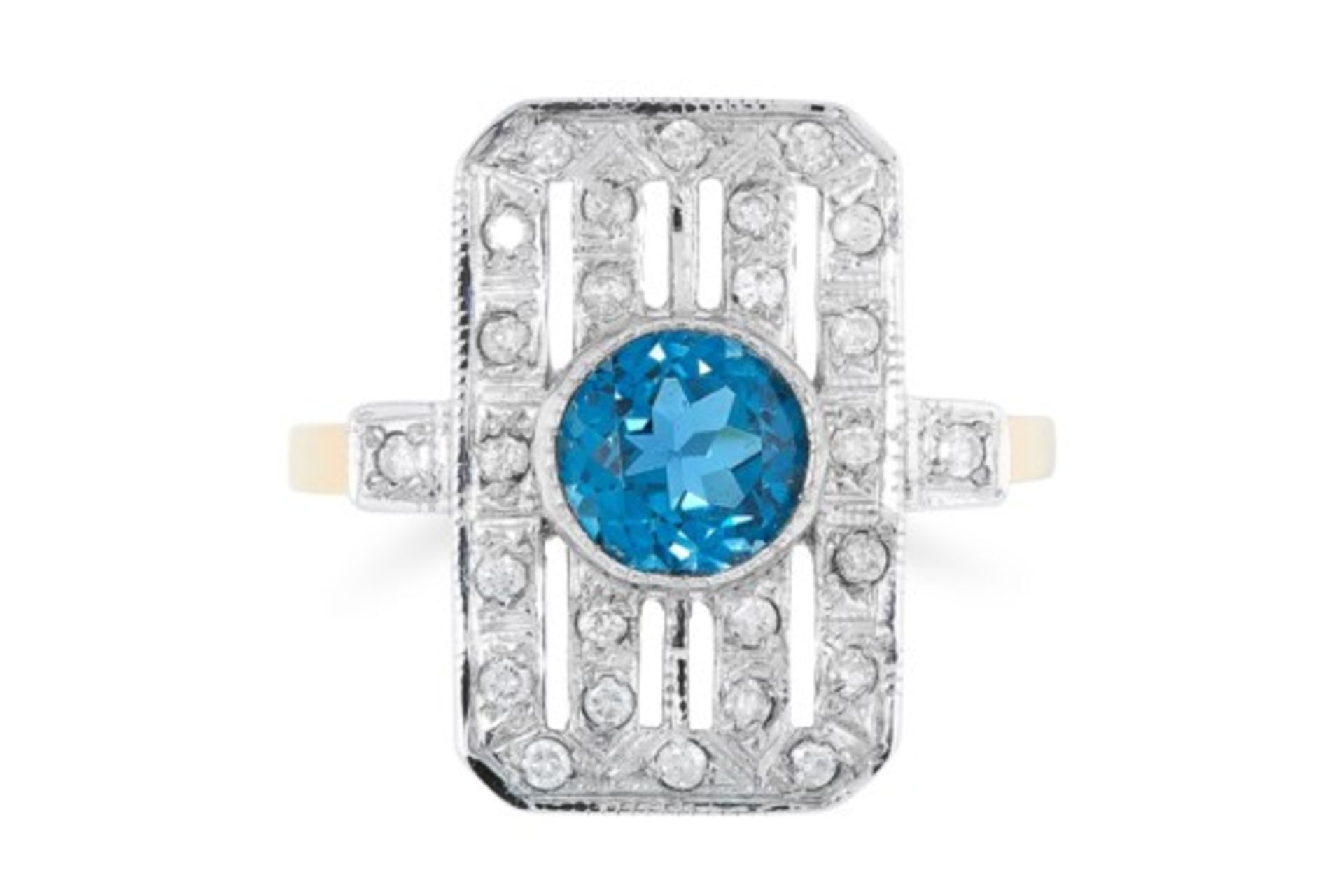 A TOPAZ AND DIAMOND DRESS RING in 18ct yellow gold, in Art Deco style, set with a round cut topaz of