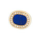 A LAPIS LAZULI AND DIAMOND DRESS RING in 18ct yellow gold, set with a polished lapis lazuli disc