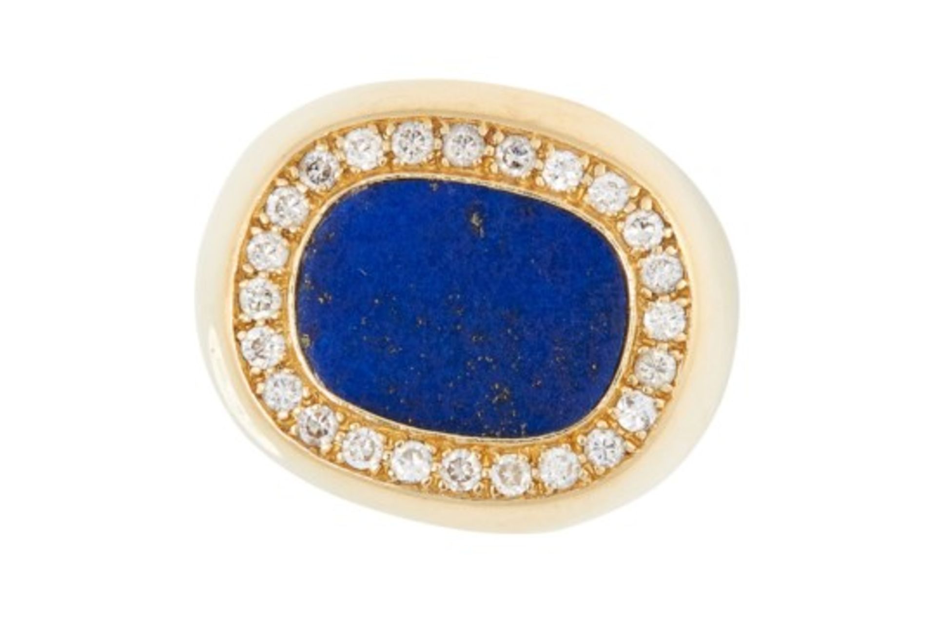 A LAPIS LAZULI AND DIAMOND DRESS RING in 18ct yellow gold, set with a polished lapis lazuli disc