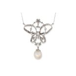 AN ANTIQUE NATURAL PEARL AND DIAMOND PENDANT NECKLACE in an open framework design, set with old