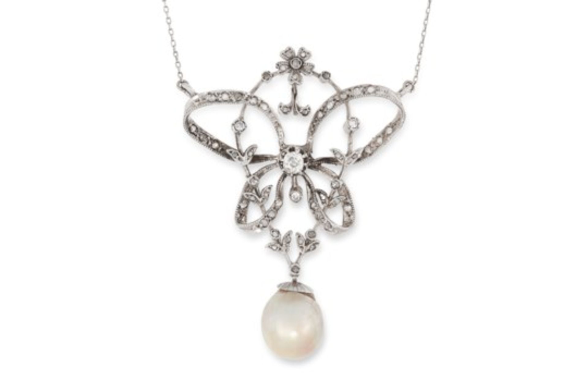 AN ANTIQUE NATURAL PEARL AND DIAMOND PENDANT NECKLACE in an open framework design, set with old