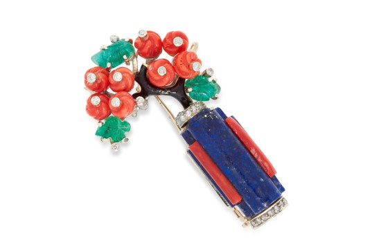 A CORAL, EMERALD, LAPIS LAZULI, DIAMOND AND ENAMEL FLOWER BROOCH, CIRCA 1950 in 18ct gold,