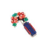 A CORAL, EMERALD, LAPIS LAZULI, DIAMOND AND ENAMEL FLOWER BROOCH, CIRCA 1950 in 18ct gold,