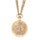 AN ANTIQUE DIAMOND POCKET WATCH AND CHAIN set with rose cut diamonds, 4cm, 35g.