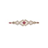 A RUBY AND DIAMOND BROOCH in geometric bar form, set with round cut diamonds and three oval and pear
