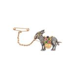 AN ANTIQUE DIAMOND, RUBY, DEMANTOID GARNET AND SAPPHIRE DONKEY BROOCH in yellow gold and silver,