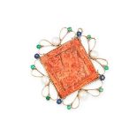 A CARVED CORAL, PEARL, SAPPHIRE AND EMERALD PENDANT comprising of a carved coral plaque depicting
