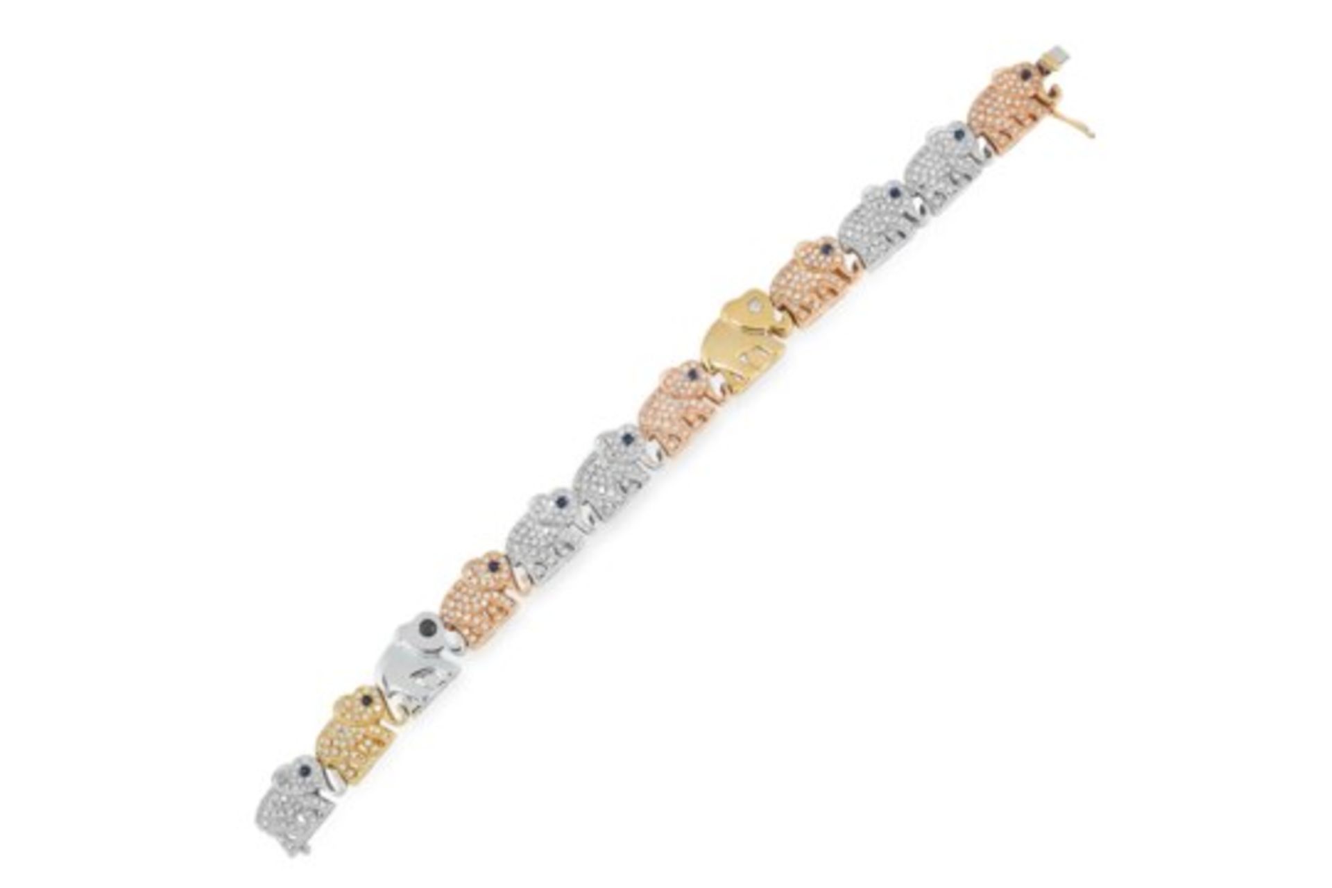 A TRICOLOUR SAPPHIRE AND DIAMOND ELEPHANT BRACELET set with tricolour gold, round brilliant cut