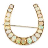 AN ANTIQUE OPAL HORSESHOE BROOCH in yellow gold, designed as a horseshoe, set with graduated oval
