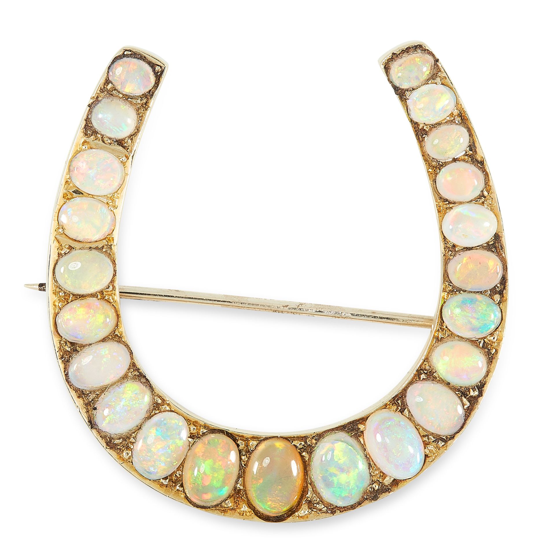 AN ANTIQUE OPAL HORSESHOE BROOCH in yellow gold, designed as a horseshoe, set with graduated oval