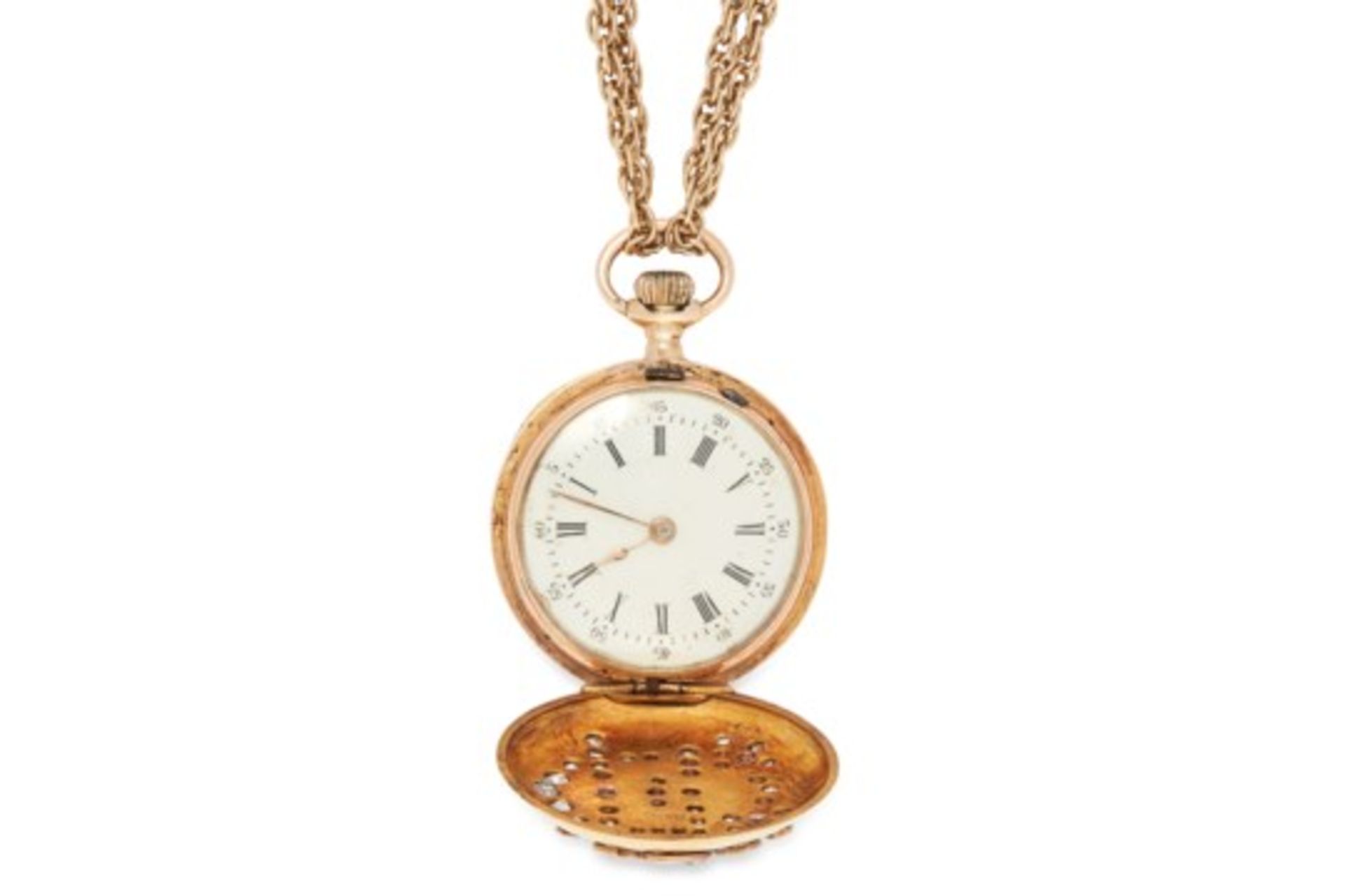 AN ANTIQUE DIAMOND POCKET WATCH AND CHAIN set with rose cut diamonds, 4cm, 35g. - Image 2 of 2