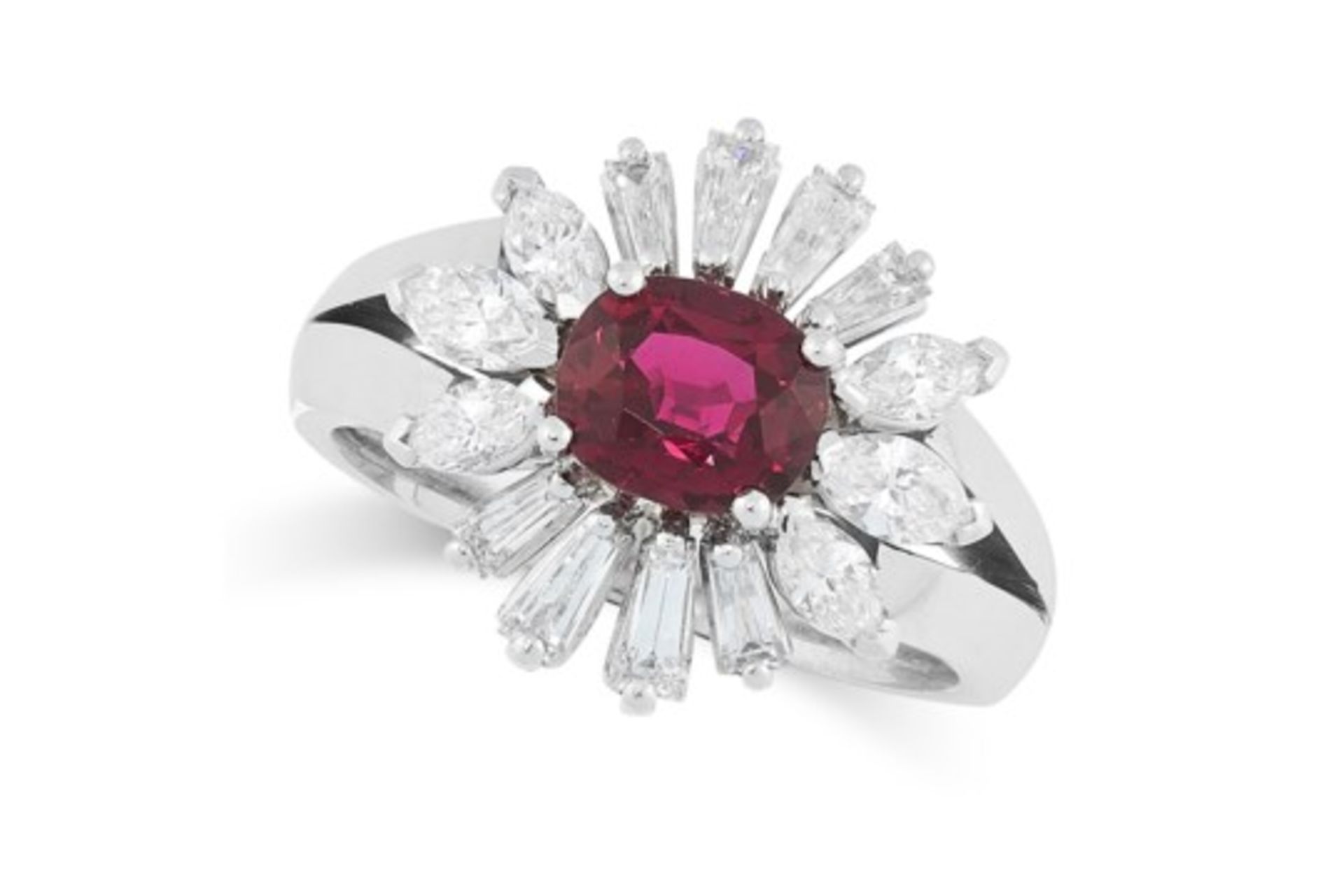 A RUBY AND DIAMOND CLUSTER RING set with an oval cut ruby of 1.46 carats in a border of tapered