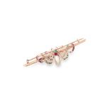 AN ANTIQUE GEMSET BUTTERFLY BROOCH set with pearls, round cut rubies and emeralds, 6.7cm, 5.6g.