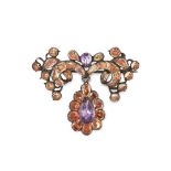 AN ANTIQUE TOPAZ AND AMETHYST BROOCH, PORTUGESE 18TH CENTURY in silver, the scrolling body