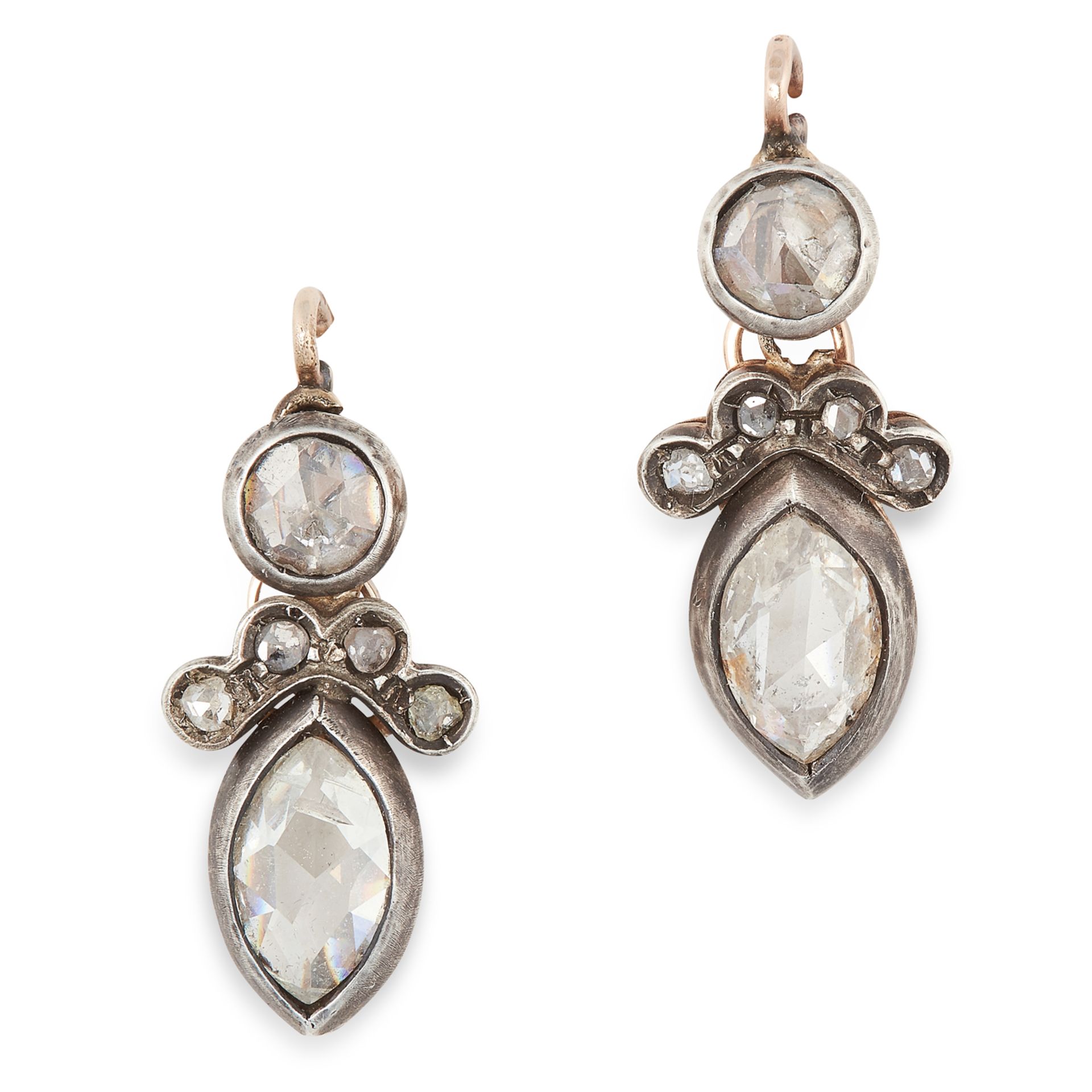 A PAIR OF ANTIQUE DIAMOND EARRINGS, 19TH CENTURY in yellow gold and silver, each set with a