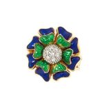 A VINTAGE DIAMOND AND ENAMEL DRESS RING designed as a flower, set at the centre with round cut