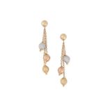 A PAIR OF TRICOLOUR GOLD DROP EARRINGS in white, yellow and rose gold, each set with a white, yellow