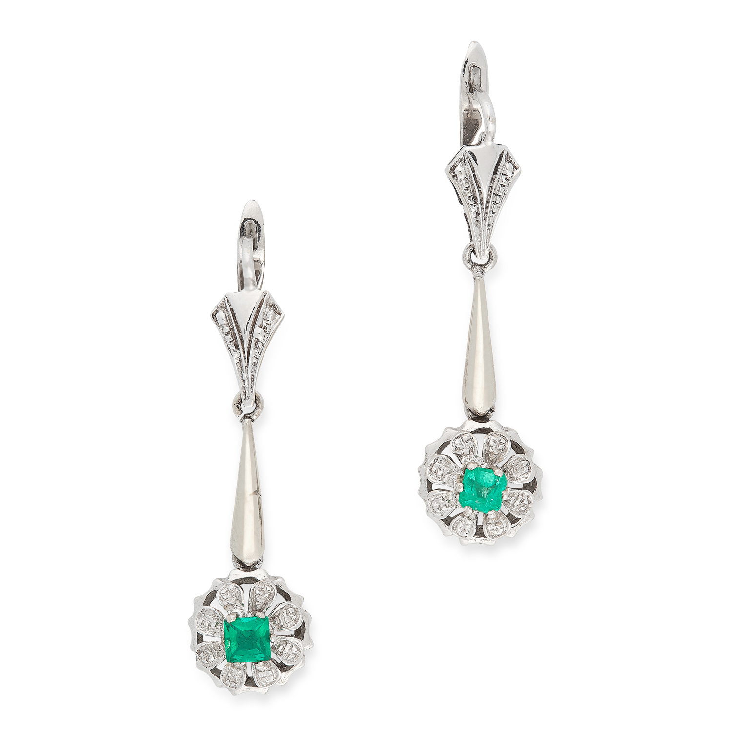 A PAIR OF EMERALD DROP EARRINGS each formed of a bar suspending a drop set with an emerald cut