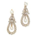A PAIR OF PEARL AND DIAMOND DROP EARRINGS in yellow gold and silver, with rose cut diamond set bow