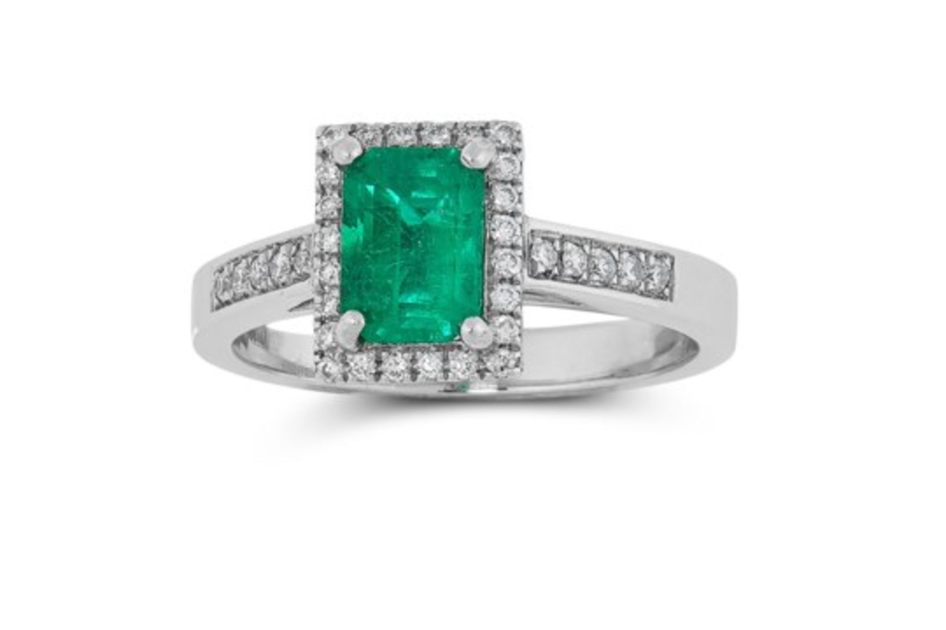 A COLOMBIAN EMERALD AND DIAMOND RING in platinum, set with a single emerald cut emerald of 0.91