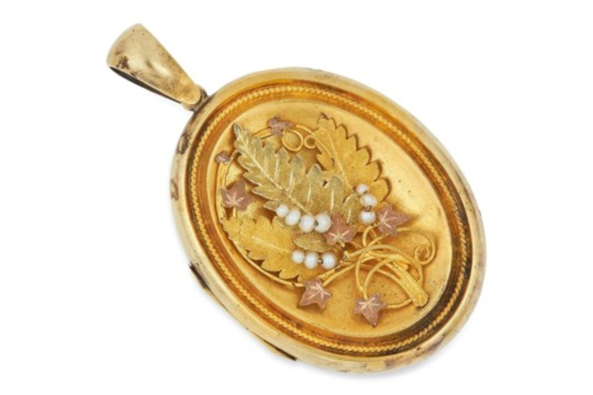 AN ANTIQUE PEARL MOURNING LOCKET in foliate design set with seed pearls, 5.5cm, 17.7g.
