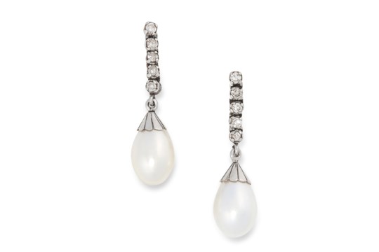 A PAIR OF PEARL AND DIAMOND DROP EARRINGS each set with five round brilliant cut diamonds,